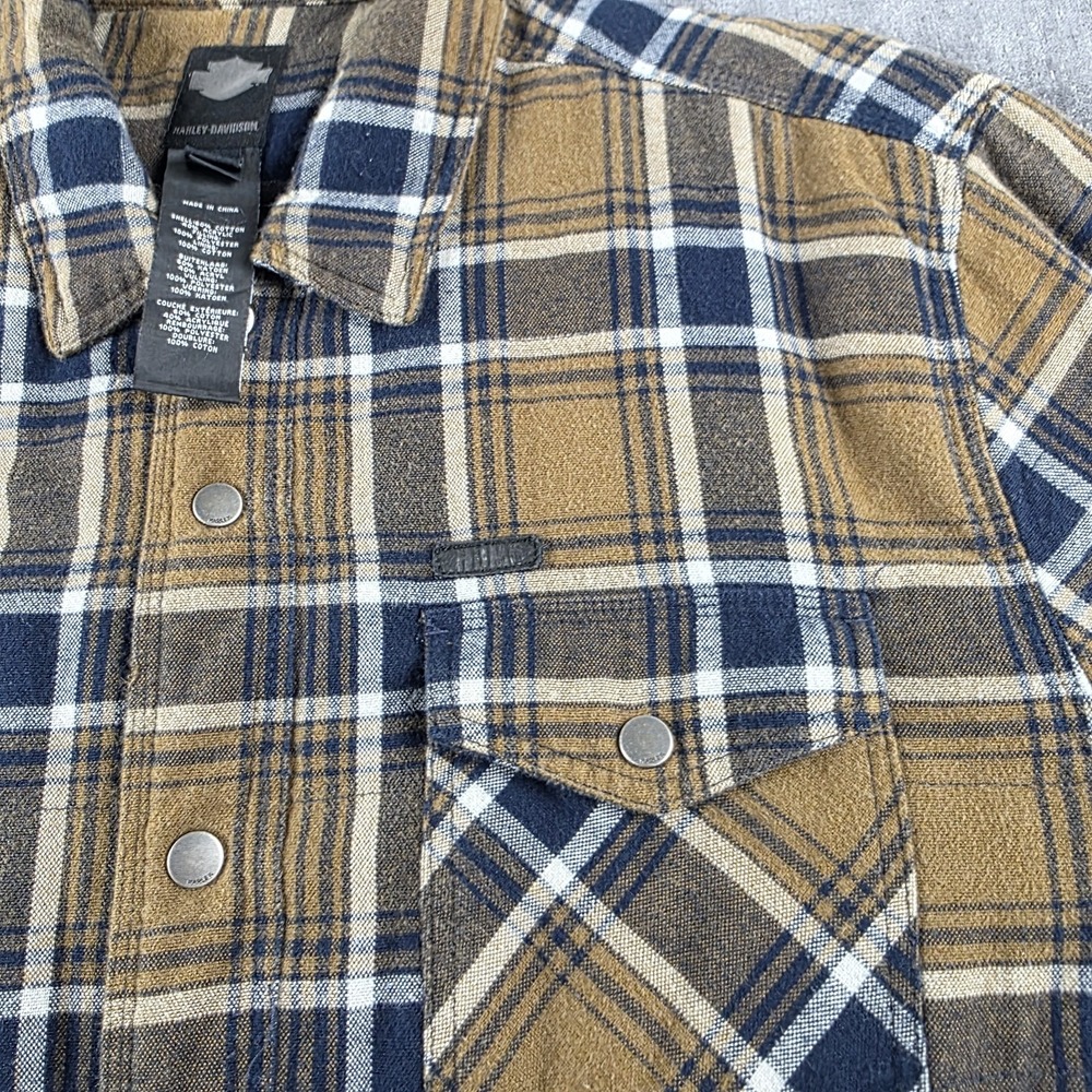 Harley Davidson Quilted Flannel Shirt Jacket Shacket Blue Tan Plaid Biker XXL - Picture 7 of 10